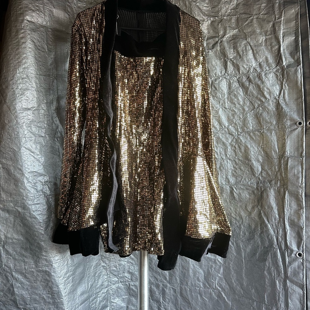 Gold Sequin Jacket with Black Trim and matching skirt